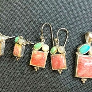 Elegant Silver and Pink Stone Sterling Silver BARSE 925 Pendant 2 Earrings Set